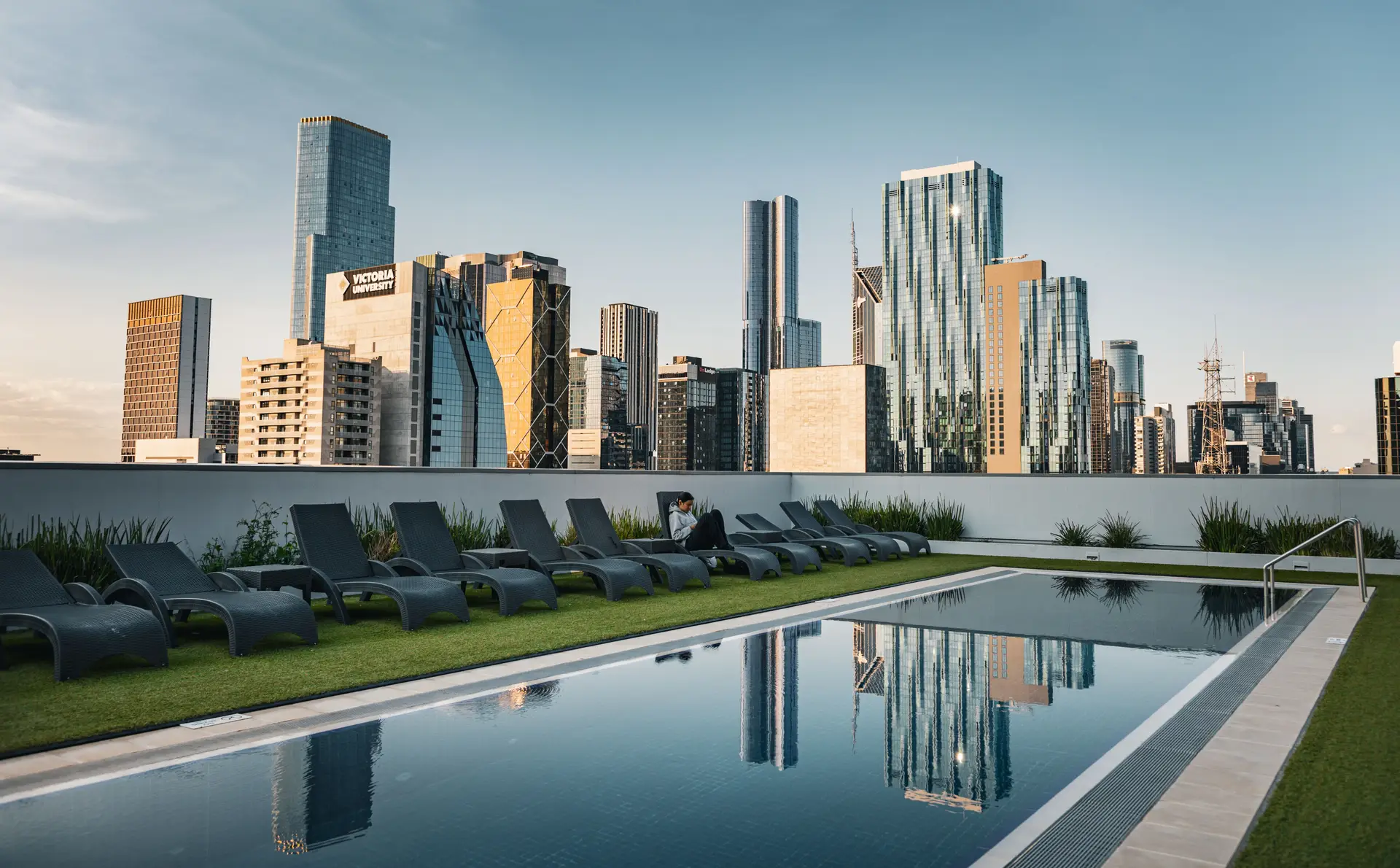 Luxury rooftop pool at VelorianvelvetHouse overlooking the Australian skyline