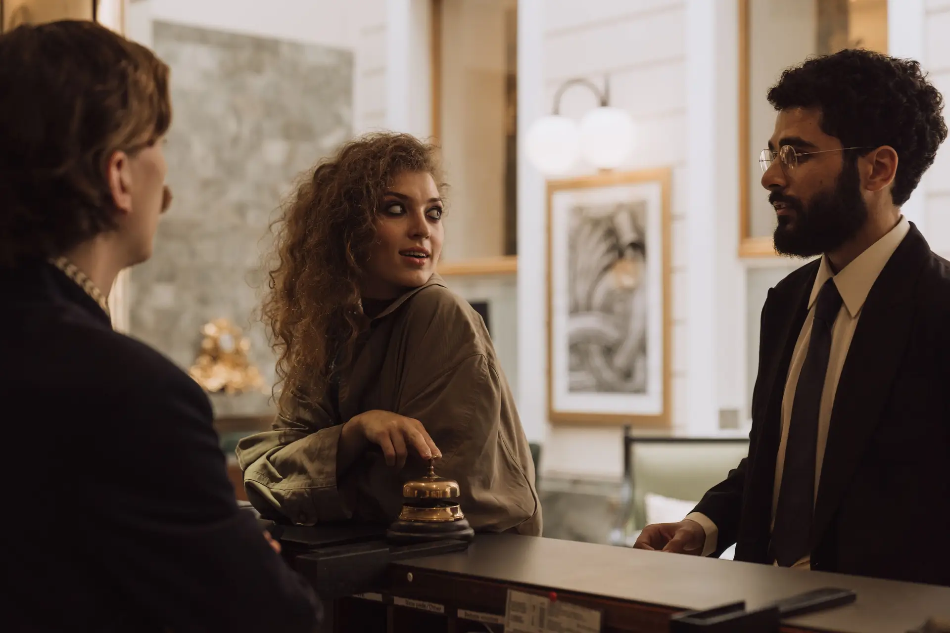 Cinematic hotel concierge scene
