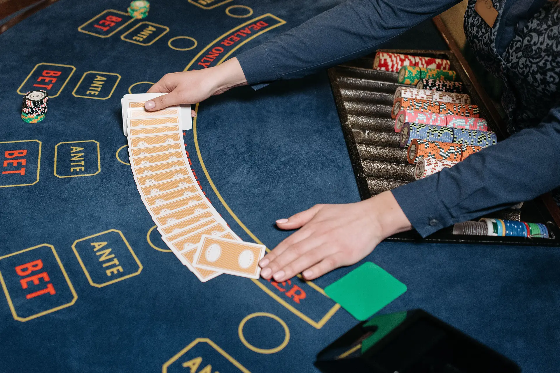 Casino chips arranged on the gaming floor